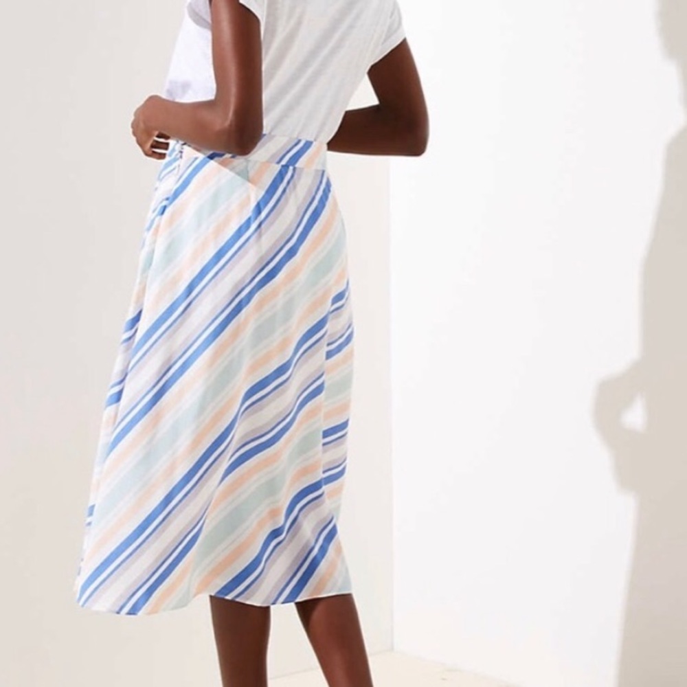Loft Petite Pastel Blue Orange Stripe Flowy Midi Skirt 00P - Picture 2 of 3